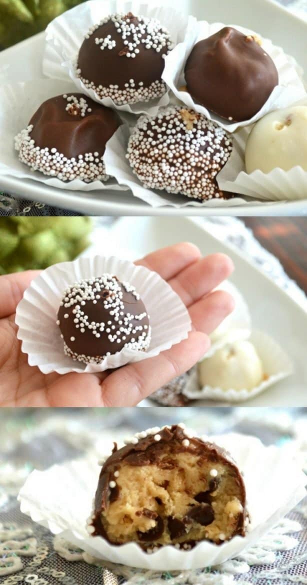 Andes Mint Chocolate Cookie Dough Truffles | Chocolate Desserts | How to make chocolate truffles | Christmas truffle recipes | Holiday dessert recipes | Holiday Christmas sweets and treats | Edible cookie dough balls | Mint chocolate truffles | No bake cookie dough recipe | #cookiedough #recipes #treats #desserts #easyrecipes | theMRSingLink